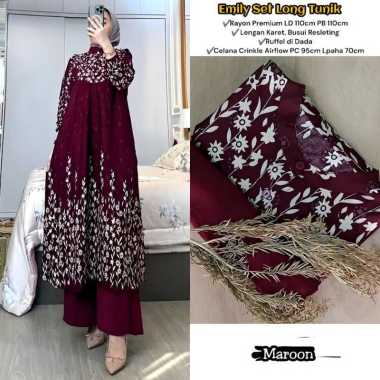 Emily Set Long Tunik - One Set Wanita Kekinian Rayon Premium Baju Setelan Wanita Celana Kulot Polos