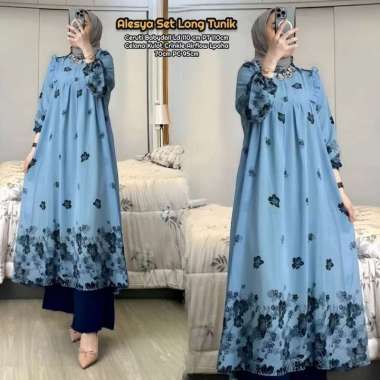 Emily Set Long Tunik - One Set Wanita Kekinian Rayon Premium Baju Setelan Wanita Celana Kulot Polos