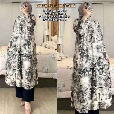 Emily Set Long Tunik - One Set Wanita Kekinian Rayon Premium Baju Setelan Wanita Celana Kulot Polos 