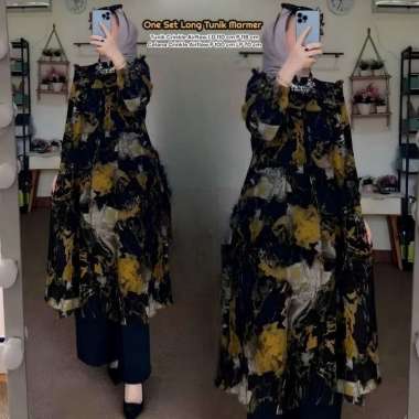 Emily Set Long Tunik - One Set Wanita Kekinian Rayon Premium Baju Setelan Wanita Celana Kulot Polos 