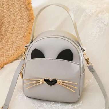 Tas Ransel kecil & Selempang Cewek Model kucing cute Abu-abu
