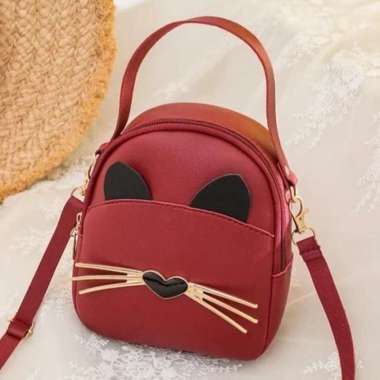 Tas Ransel kecil & Selempang Cewek Model kucing cute Merah