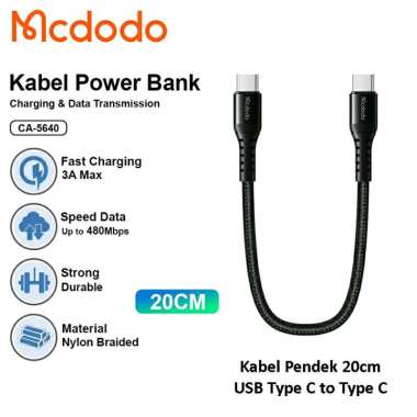 MCDODO Kabel Pendek USB Type C to Type C Super Fast Charging Cable 20cm PD 5640 Hitam