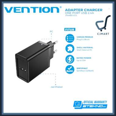 Vention Adaptor Charger USB-A 12W Wall Charger for Apple Huawei Xiaomi Hitam
