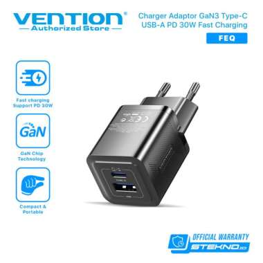 Vention Adaptor Fast Charger GaN USB A Type C 30W Android iPhone Black