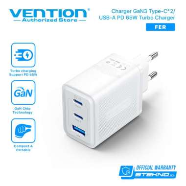 Vention Adaptor Fast Charger GaN USB A Type C 65W Android iPhone White
