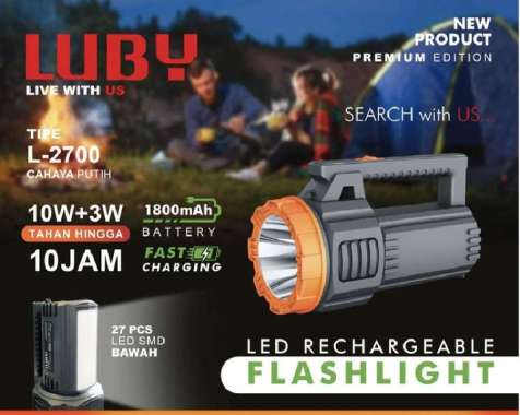 Senter Cas LUBY L 2700 Putih Baterai Fast Charging Rechargeable Ulang LED 10 Watt Terang 3 Watt SMD 