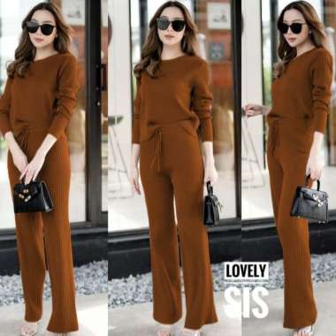 One Set Knit Queena Setelan Fashion Wanita Pakaian Setcel Rajut Bahan Premium Coklat