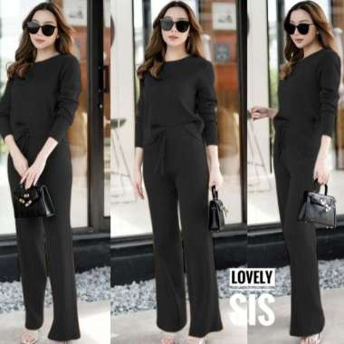 One Set Knit Queena Setelan Fashion Wanita Pakaian Setcel Rajut Bahan Premium Hitam