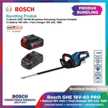Bosch GHE 18V-60 Brushless Pemotong Tanaman + Baterai 18V 4Ah + Fast Charger 18V GAL 1880 06008C9000