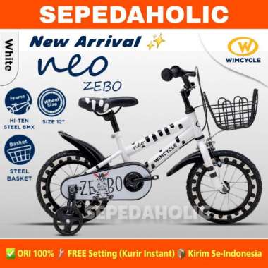 Sepeda Anak WIMCYCLE NEO ZEBO Zebra Keranjang Ukuran 12 Inch Laki & Perempuan