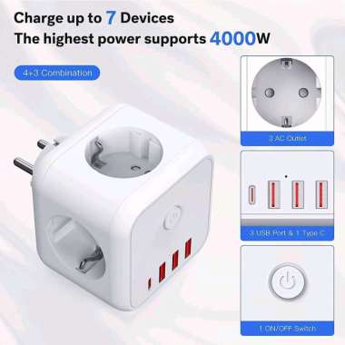 Stop Kontak Colokan Listrik Kubus 7 in 1 Charger 3 USB 1 Type C Cube Sambungan Kabel Multifungsi