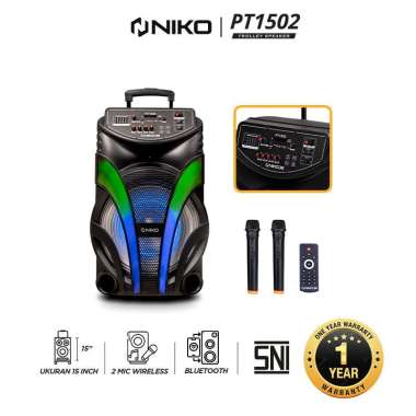 Niko Trolley Speaker Wooden Bluetooth 15 inch PT 1502 Free Mic Wireless PT 1501 + BUBBLE