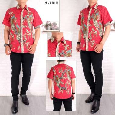 Evercloth Husein Red Man Kemeja Batik Pria Lengan Pendek Merah Batik Couplee Natal L