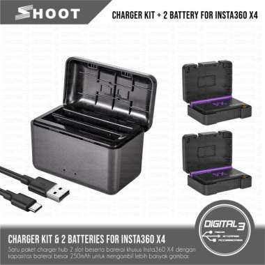 SHOOT Charger Hub Kit Dual Slot with 2 Pack Battery 2500mAh for Insta360 X4 Baterai Replacement Batt