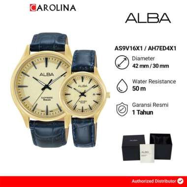Jam Tangan Couple Alba AS9V16X1/AH7ED4X1 Gold Dial Blue Leather Strap