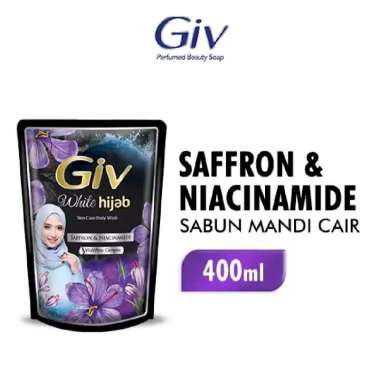 GIV White Hijab Sabun Mandi Cair Saffron & Niacinamide Pouch 400ml