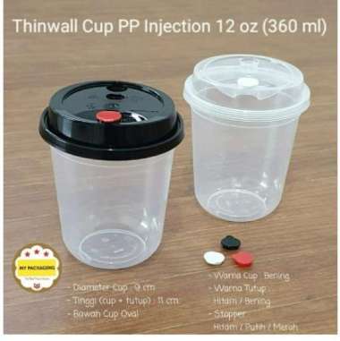 Gelas Boba / Cup PP Injection OVAL 380ml 12oz (25set - Cup+tutup+stopper) PREMIUM FLIP BENING