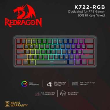 Redragon 60% 61 Keys Wired Mechanical Gaming Keyboard RGB - K722-RGB