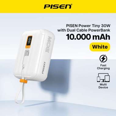 PISEN-Power Tiny 30W 10000mAh With Dual Cable Power Bank (White) Power Bank dengan Dual Kabel & Laya
