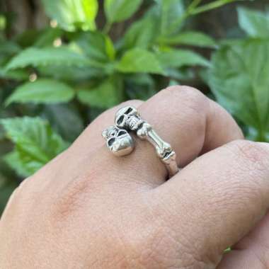 Cincin Ring Perak silver Bali Asli 925 Ukir Tengkorak Skull Tulang Bone Universal Wanita Pria Laki C