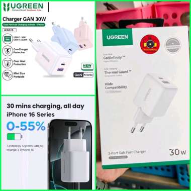 Charger Ugreen 30W dual Port PD C USB A GaN Putih 65015