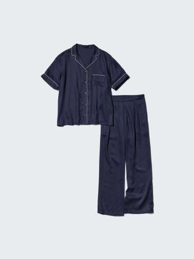 UNIQLO Piyama Satin Lengan Pendek Celana Panjang wanita navy S