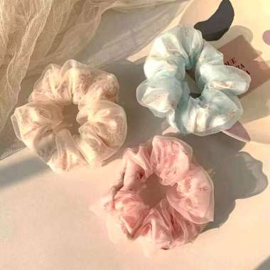 Aldira Flower Pattern Layered Scrunchie Ikat Rambut Cepol Sifon Silky Bunga Motif Berlapis Kunciran