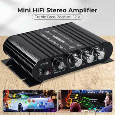 LVPIN Mini HiFi Stereo Amplifier Treble Bass Booster 12V - ST-838 Hitam