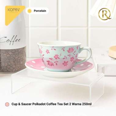 Cup & Saucer Coffee Tea Set Polkadot 220ml Porcelain Keramik Pink