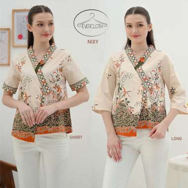 Evercloth Nixy Atasan Batik Kimono Lengan Panjang Baju Blouse Batik Tangan Pendek Wanita Motif Daun