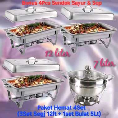 Prasmanan Segi & Bulat Jumbo Paket Hemat 4Set (=3Set Segi + 1Set Bulat Sop 5Lt) + Bonus 4Pcs Sendok 