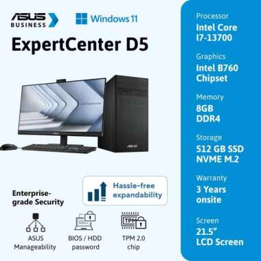 ASUS Desktop D500TE-780500035W (Core i7-13700, 8GB, 512GB SSD, Windows 11 HOME + LCD Monitor 21.5