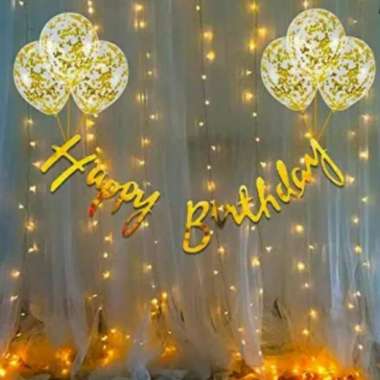 Paket Hemat Banner Happy Birthday / Lampu Led tumblr / Balon Confetti Slver