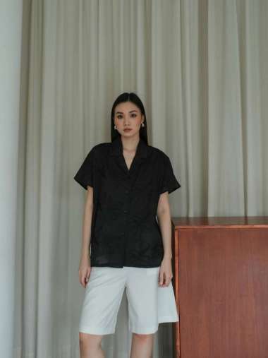 Kemeja Wanita Katun Bordir Putih - Kemeja Lengan Pendek Oversized | BC428 Aisha Shirt black