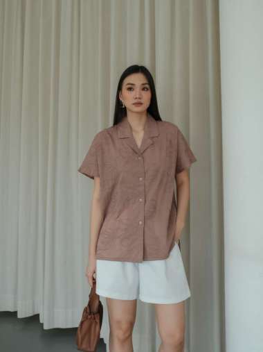 Kemeja Wanita Katun Bordir Putih - Kemeja Lengan Pendek Oversized | BC428 Aisha Shirt choco