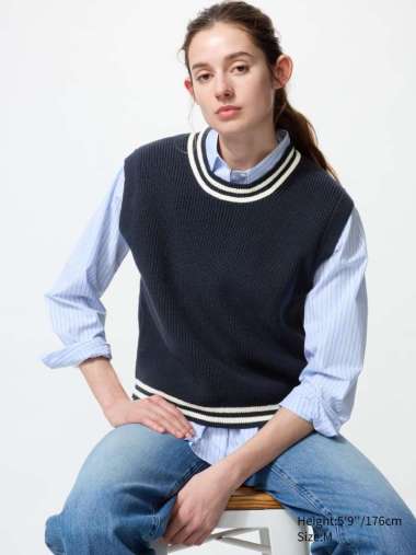 UNIQLO ROMPI rajut Kerah Bulat Crew Neck Vest Wanita Navy S