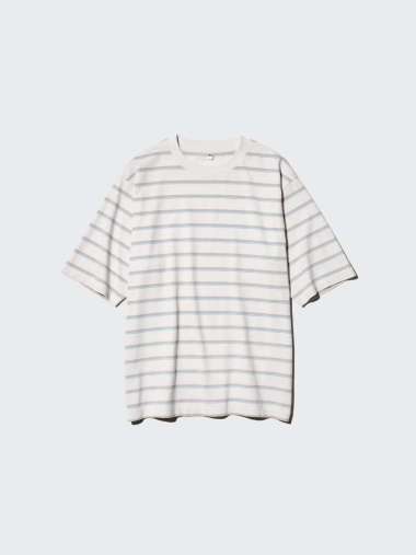 UNIQLO T-Shirt Kaos Oversize Pria Motif Garis Garis OFF WHITE L