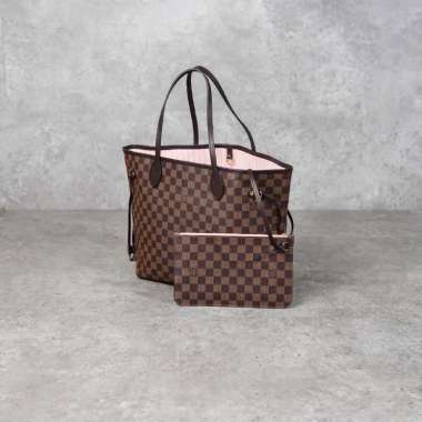 Tas LOUIS VUITTON LV NEVERFULL MM DAMIER EBENE BROWN ROSE TOTE BAG 100% ORIGINAL 30X15X28CM