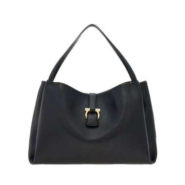 Ferragamo Magnetic Golden Gancini Tote Bag Large Calfskin Black