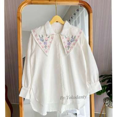 Olena Atasan Kemeja Wanita Lengan Panjang Katun Linen Bordir M Putih BW