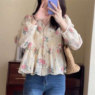 KIWI[MAWAR]Blouse Korea motif bunga lengan panjang hijab friendly M Gambar