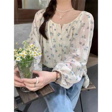 Blouse Flower Panjang Lengan Korean Style Vintage Bunga Blouse Floral Kemeja L
