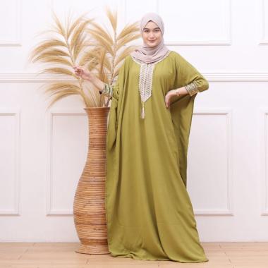 Kaftan Arabian Renda Jumbo Crinkle Airflow Premium Gamis Maxy Dress Kekinian LD 180 cm Olive