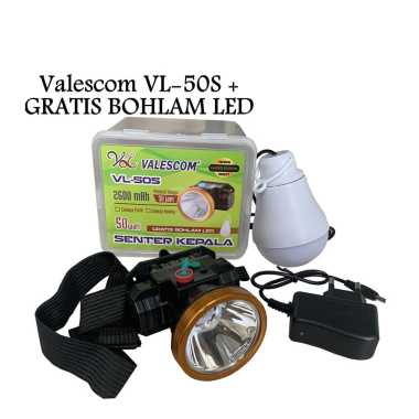 Valescom Senter Kepala 50W VL-50S Cas Ulang + GRATIS Bohlam Lampu LED Cahaya Kuning
