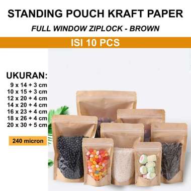 aiGooTan - (ISI 10) STANDING POUCH FULL WINDOW BROWN - Plastik Ziplock Kraft Paper Coklat Doff Matte