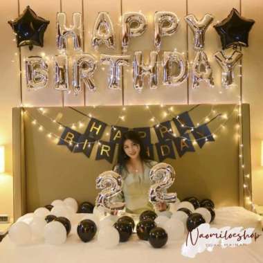 Edukasi Anak Balon ulang tahun tulisan HAPPY BIRTHDAY SILVER - BLACK SET DEKORASI