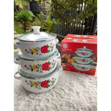 Panci set enamel 3 susun+ tutup kaca/panci bunga/panci susun bunga/panci susun jaman dulu/panci jadu