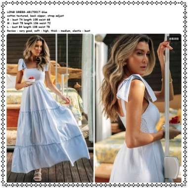 AB170017 Long Dress Midi Pesta Pantai Tali Tanpa Lengan Wanita Korea Import Kotak Biru Blue