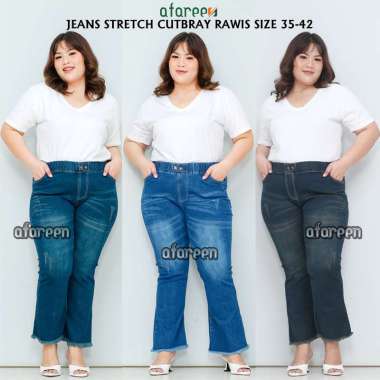 Afareen - Celana Jeans Cutbray Wanita Jumbo PinggsanHighwaist Jeans Cutbray Stretch Big Size 35 BLUE